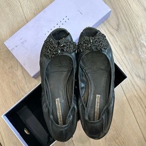 Vera Wang Lavender Open Toe Black Crystal Flats
